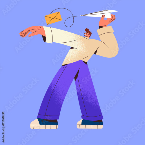 Communication by letters, mails. Man sends digital message, email. Conversation online by messenger. Person holds plane in hand, swings to launch paper airplane. Flat isolated vector illustration