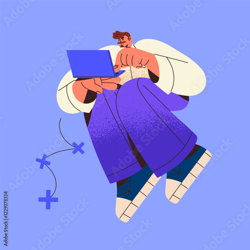 Employee holds laptop in hands, works online. Office worker typing, communicates in Internet. Business person programming, analyzes data, chats using computer. Flat isolated vector illustration