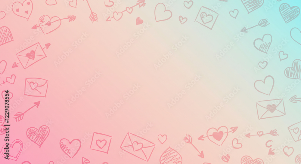 A playful and modern Valentine's Day background with hand-drawn doodles of hearts, arrows, and love notes on a soft pastel gradient A playful and modern Valentine's Day background with hand-drawn doodles of hearts, arrows, and love notes on a soft pastel gradient