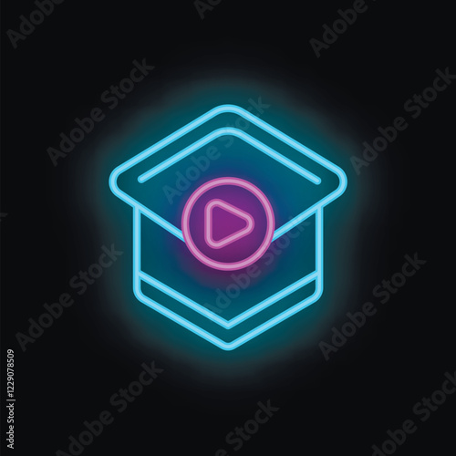 Neon sign of an open package with a play button inside, symbolizing online streaming services