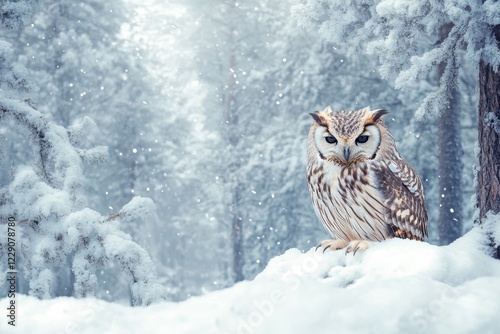 Wise owl perches silently in a snowy forest during a gentle snowfall, wise owl sits in a snowy forest photo