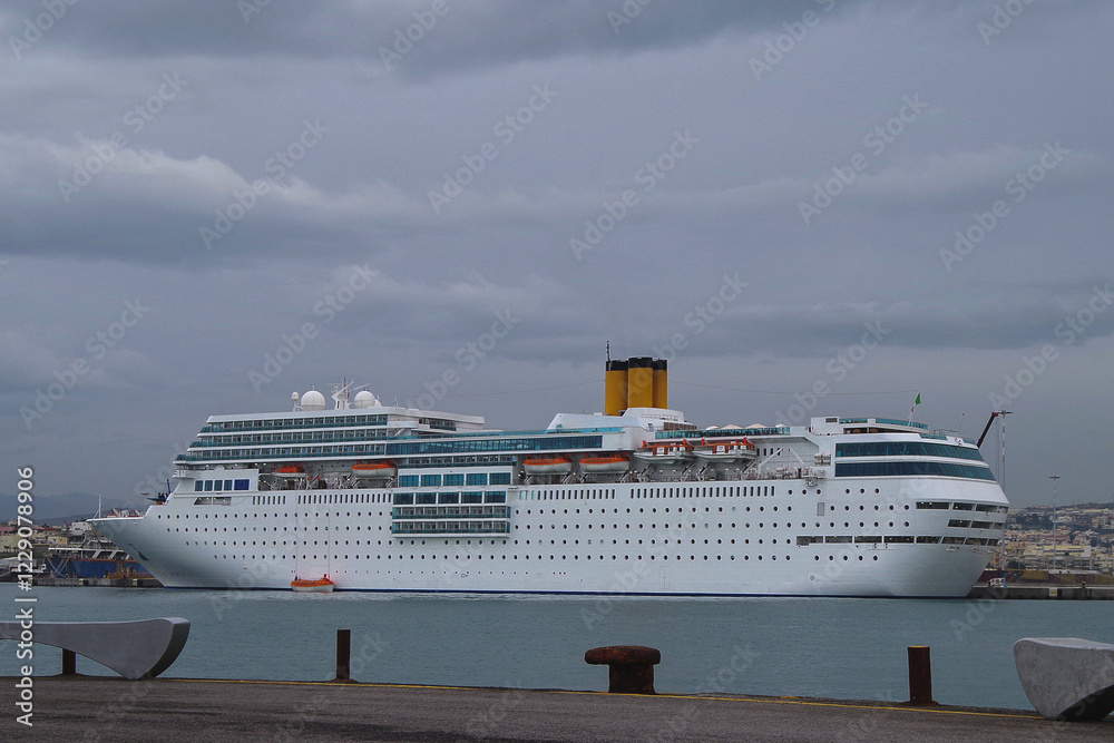 Obraz premium Luxury classic cruiseship cruise ship liner Romantica docked in port of Heraklion, Crete in Greece during Winter Mediterranean Greek Island cruising