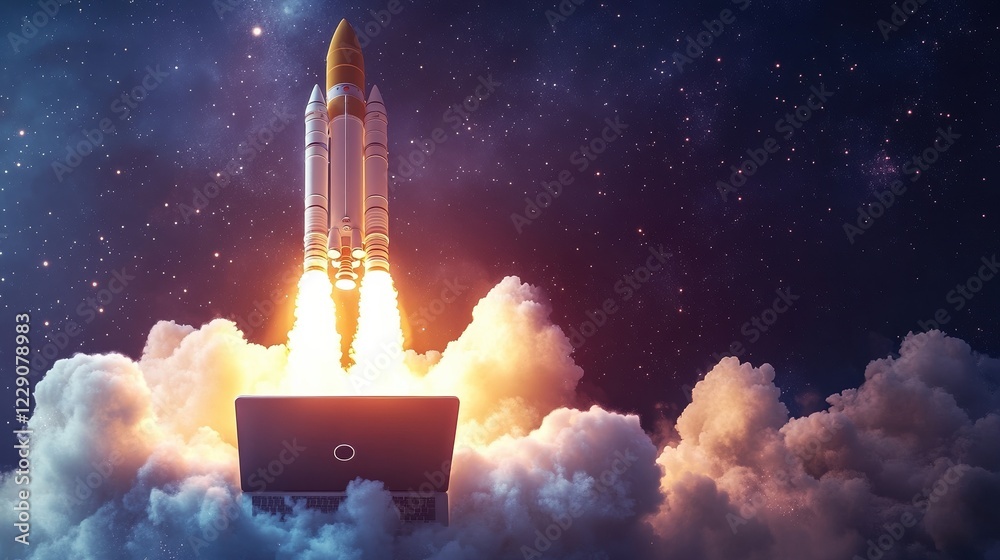 Space rocket launch from a laptop computer. Business startup innovation concept. Space rocket launch from a laptop computer. Business startup innovation concept.