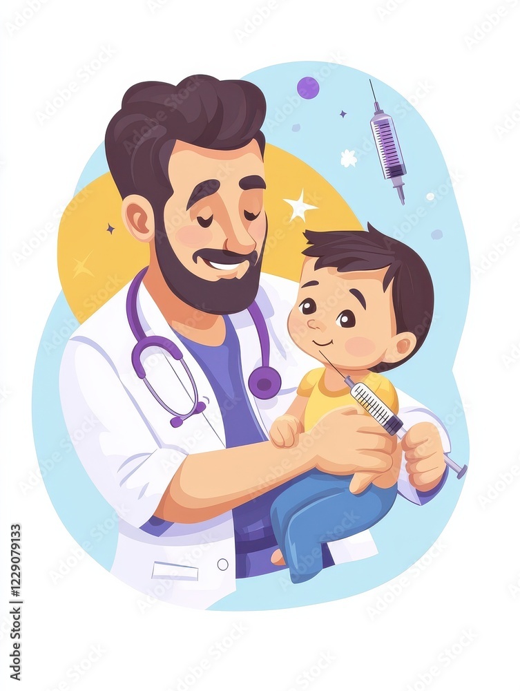 Pediatrics and childcare. Doctor give injection. Infant and child vaccines, newborn vaccination schedule, protection from childhood diseases concept. Bright vibrant violet vector isolated illustratio Pediatrics and childcare. Doctor give injection. Infant and child vaccines, newborn vaccination schedule, protection from childhood diseases concept. Bright vibrant violet vector isolated illustratio
