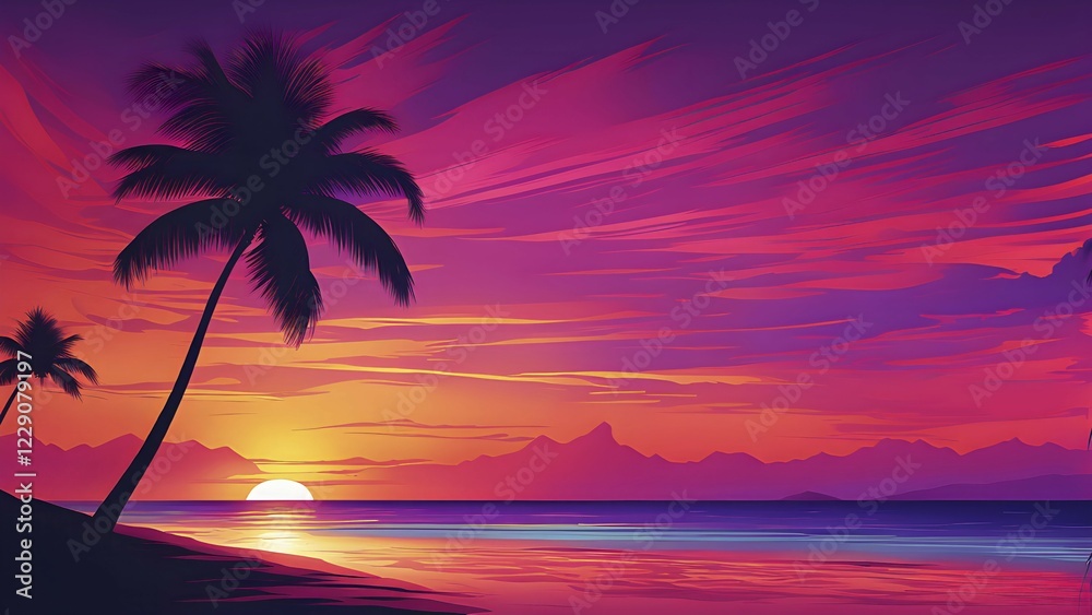 Obraz premium Abstract illustration of a sunset over a sandy beach with palms in vivid and vibrant colors, AI generated