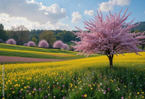 Wallpaper Mural A panoramic view of a meadow with rows of blooming cherry trees Torontodigital.ca