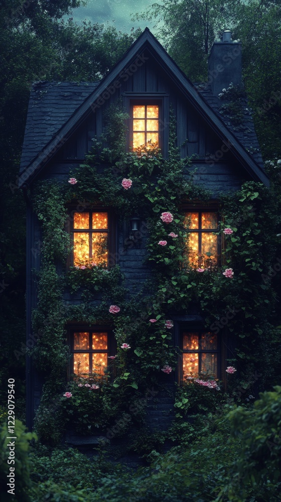 Fototapeta premium Enchanted Cottage at Night: A Magical Forest Home