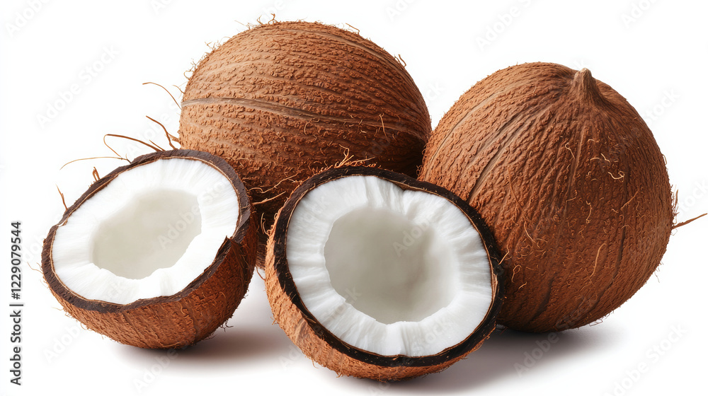 Fresh coconuts arranged symmetrically on white background, showcasing their textured brown shells and creamy white interiors, evoke tropical feel Fresh coconuts arranged symmetrically on white background, showcasing their textured brown shells and creamy white interiors, evoke tropical feel