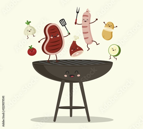 Funny Characters Assorted Delicious Grilled Meat with Vegetables over the Coals on Barbecue photo