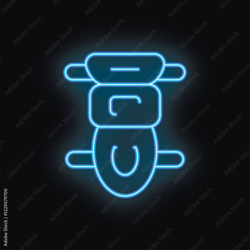 Blue neon sign depicting the front view of a classic scooter, glowing on a black background Blue neon sign depicting the front view of a classic scooter, glowing on a black background