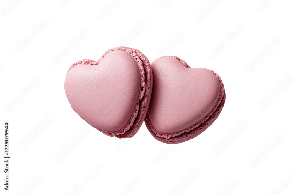 Two pink heart shaped macarons isolated on transparent background Generative Ai. Two pink heart shaped macarons isolated on transparent background Generative Ai.
