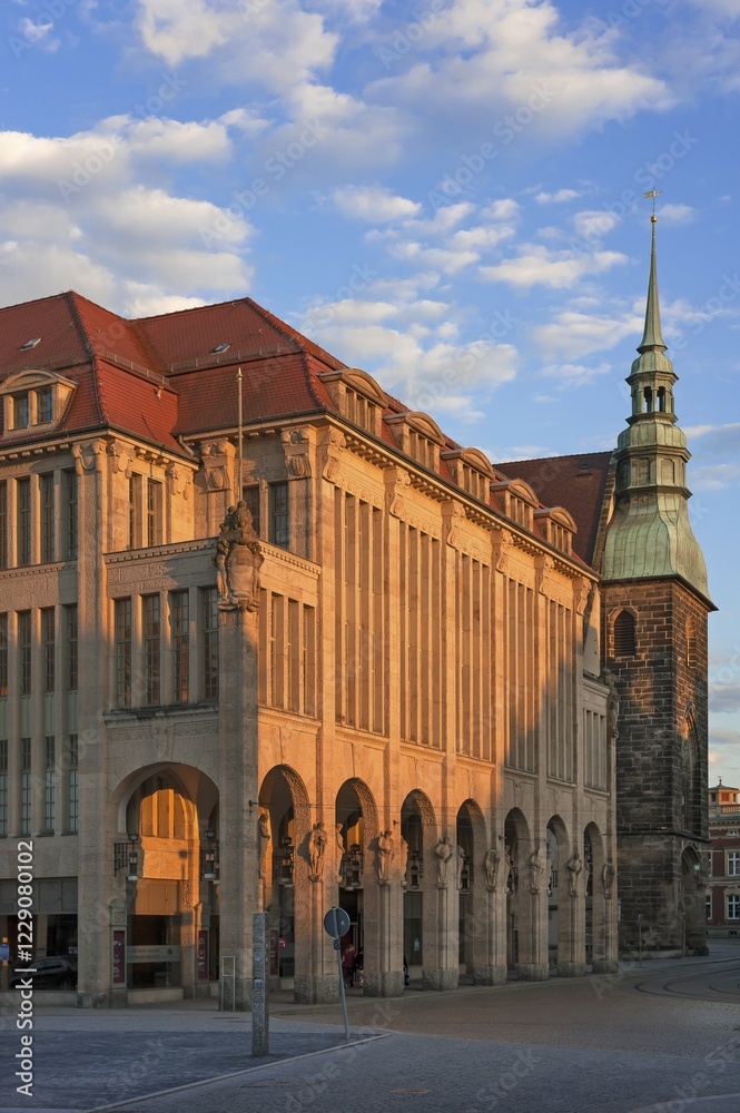 Fototapeta premium Görlitz department store, Art Nouveau, 1913, Frauenkirche behind, Görlitz, Upper Lusatia, Saxony, Germany, Europe