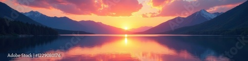 Sunset over a tranquil lake amidst the mountains, natural, distant peaks