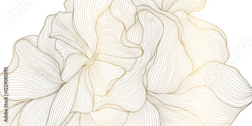 Vector gold on white floral line background, leaves and flowers abstract bloom pattern. Blossom tropical texture, elegant wedding illustration
