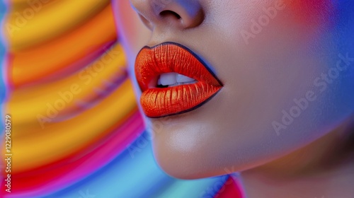 Close-up of bright orange lipstick on lips with a neon blue and orange background, AI generated photo