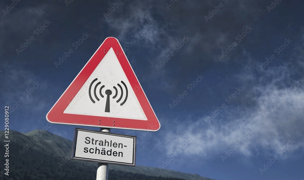 Warning sign against blue sky with clouds, warning against radiation, radiation damage, Germany, Europe Warning sign against blue sky with clouds, warning against radiation, radiation damage, Germany, Europe