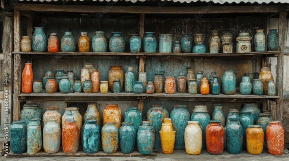 Colorful ceramic pottery jars and vases displayed on wooden shelves. Colorful ceramic pottery jars and vases displayed on wooden shelves.