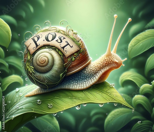 A snail with a snail shell and the inscription Post, symbol image letter post, snail mail, postal system, cosiness, AI generated, AI generated
