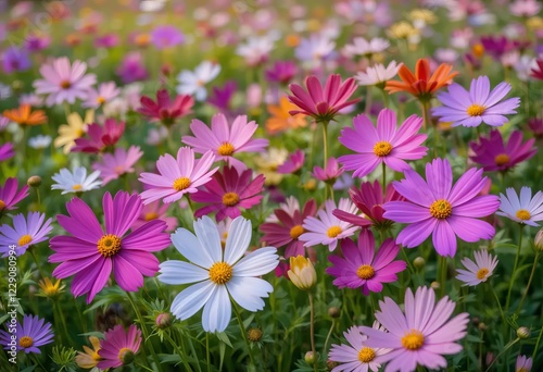 A field of multicolored cosmos flowers with a bright and sunny filter