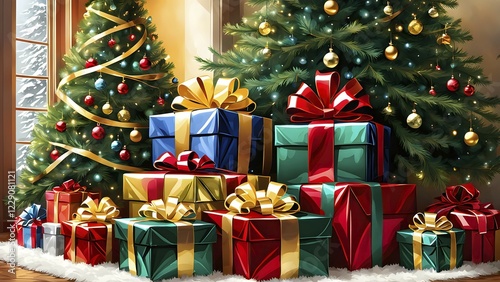 Abstract illustration of wrapped Christmas gifts, shiny ribbons and bows, stacked under a evergreen tree in a cozy living room, AI generated