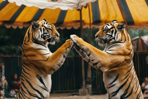 Tigers perform in a circus ring under colorful tents during a lively afternoon show, Tigers in a circus photo