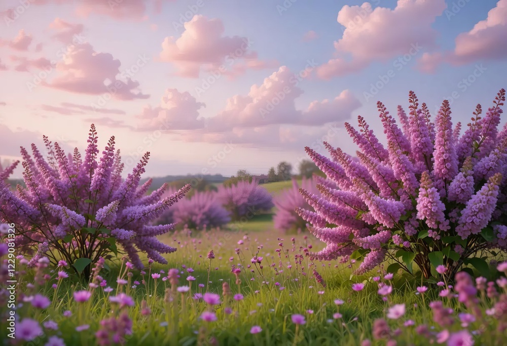 Obraz premium A field of lilac bushes with pink wildflowers and a blue sky with pink clouds in the background.
