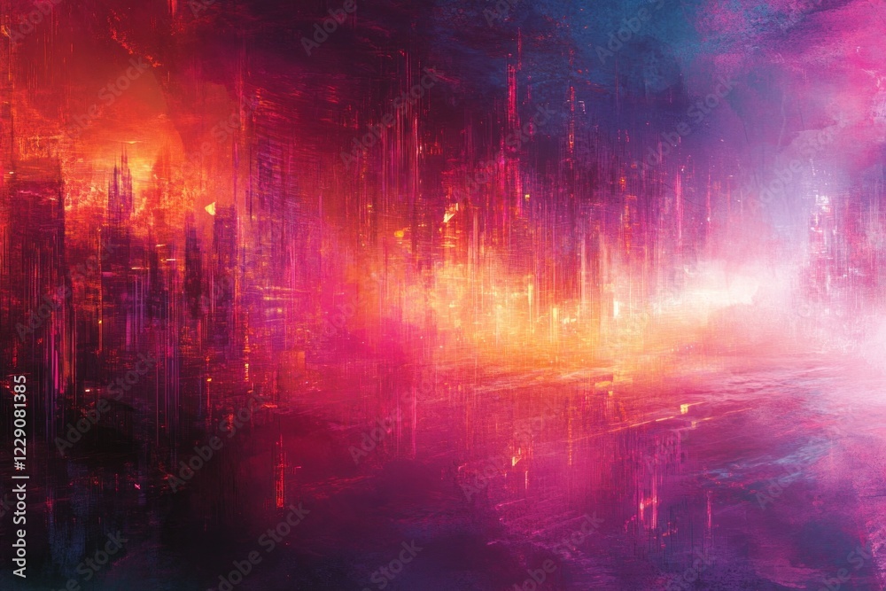 Fototapeta premium A cityscape with a pink and purple background. The buildings are tall and the sky is orange