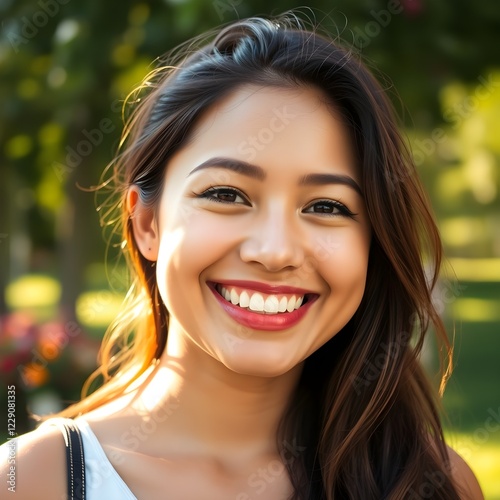 Joven hispana sonriendo. Tiene una expresión feliz y parece feliz.