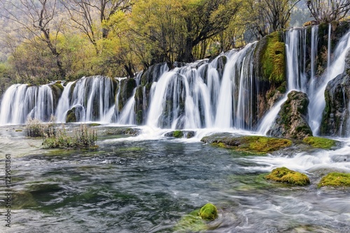 Arrow Bamboo Lake waterfalls, Jiuzhaigou National Park, Sichuan Province, China, Asia photo