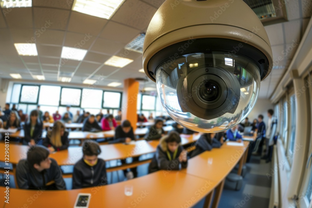 A surveillance camera, CCTV, in a classroom, school building, AI generated, AI generated, AI generated
