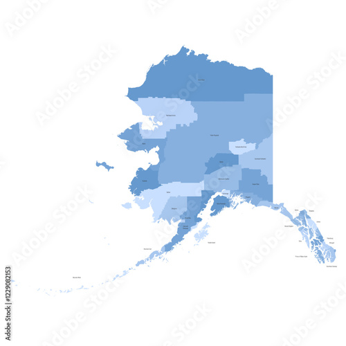 Alaska, AK - detailed political map of US state. Administrative map divided into counties. Blue map with county name labels. Vector illustration