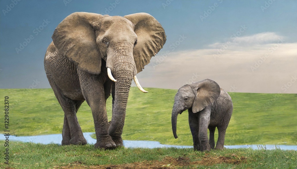Fototapeta premium KI generated, animal, animals, mammal, mammals, biotope, habitat, one, single animal, foraging, wildlife, Africa, african elephant (Loxodonta africana), river, water