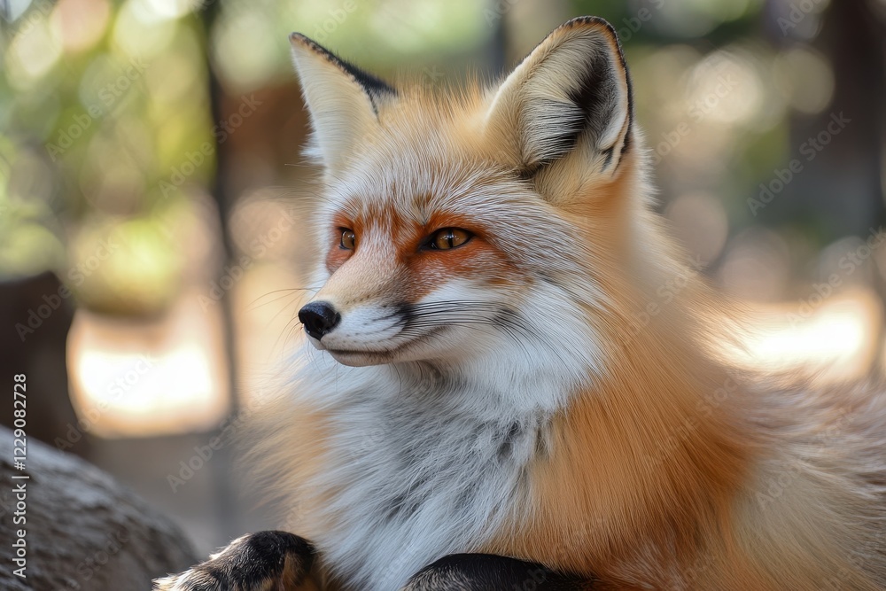 Fototapeta premium Red fox resting peacefully in natural habitat during warm daylight, Red fox Vulpes vulpes A fox is resting in the wild