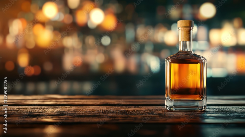A glass bottle of amber liquor sits on a wooden bar table, illuminated by warm, soft lighting in a cozy, blurred background. A glass bottle of amber liquor sits on a wooden bar table, illuminated by warm, soft lighting in a cozy, blurred background.