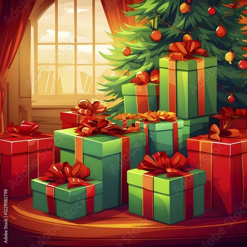 Abstract illustration of wrapped Christmas gifts, shiny ribbons and bows, stacked under a evergreen tree in a cozy living room, AI generated