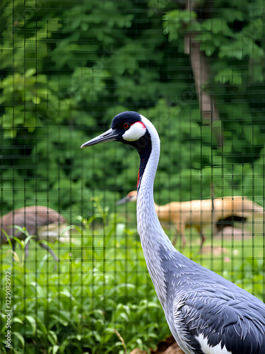 Black-necked crane standing in zoo enclosure, lush background. Wildlife photography for nature documentaries. photo