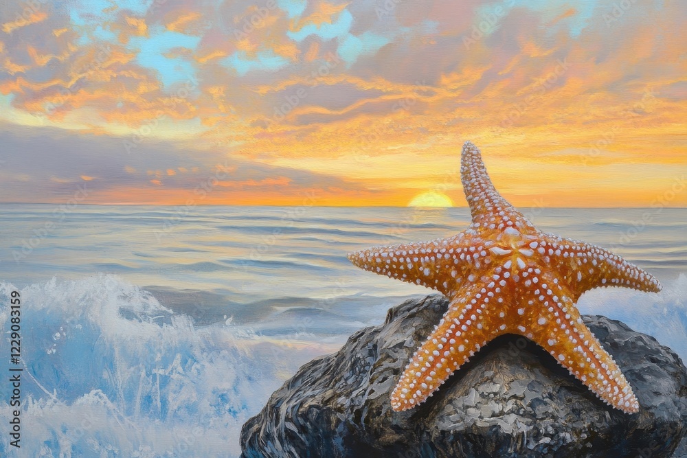 Starfish resting on a rock by the ocean during sunset, A close-up view of a Starfish resting on a rock against the backdrop of the ocean horizon at sunset Starfish resting on a rock by the ocean during sunset, A close-up view of a Starfish resting on a rock against the backdrop of the ocean horizon at sunset
