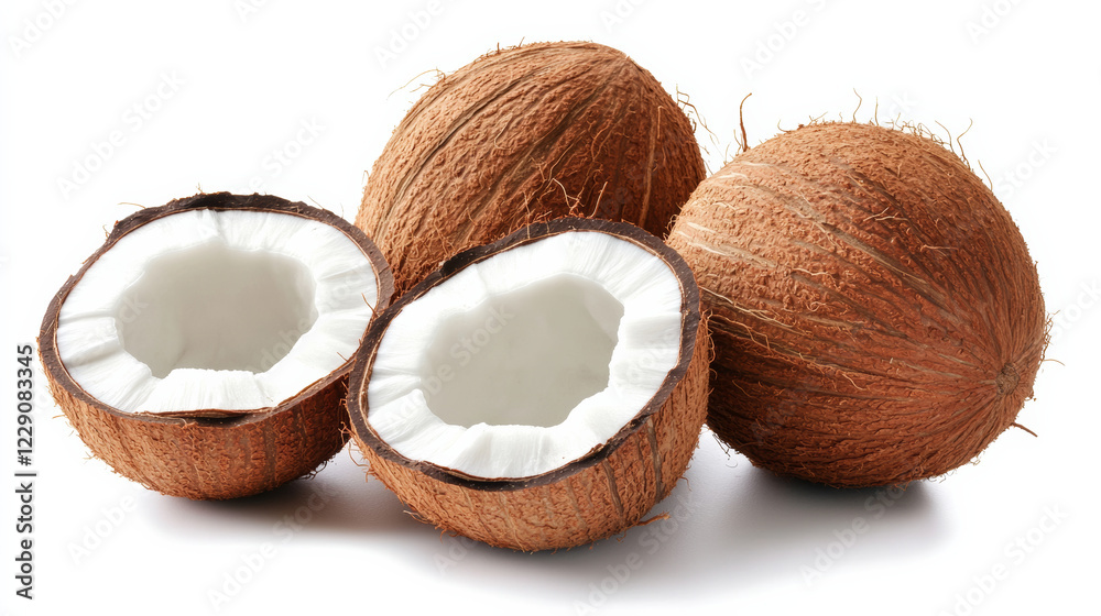 Whole coconuts and cracked coconut halves arranged on white background, showcasing their textured brown shells and creamy white interior. Perfect for tropical themes Whole coconuts and cracked coconut halves arranged on white background, showcasing their textured brown shells and creamy white interior. Perfect for tropical themes