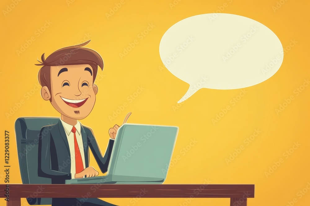 Businessman engaged in conversation while sitting at a desk with a laptop and a speech bubble ready for dialogue, businessman with desktop and speech bubble Businessman engaged in conversation while sitting at a desk with a laptop and a speech bubble ready for dialogue, businessman with desktop and speech bubble