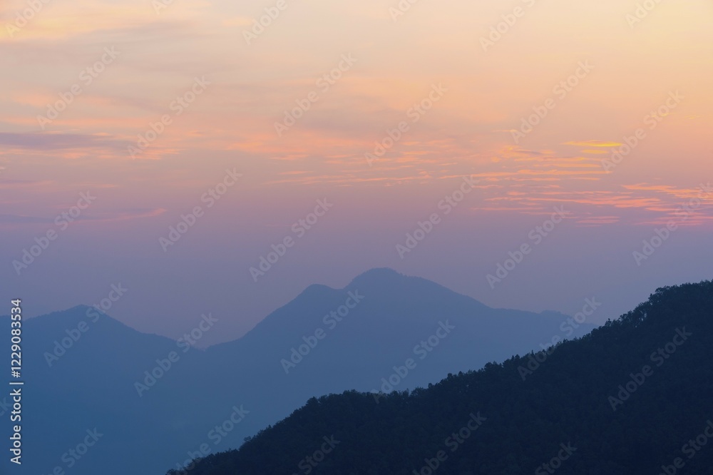 Fototapeta premium Sunrise over the hills surrounding Bandipur, Tanahun district, Nepal, Asia