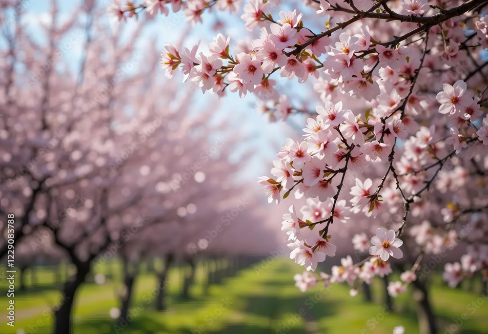 Obraz premium A close-up of pink apricot blossoms against a blurred background of a blooming orchard.
