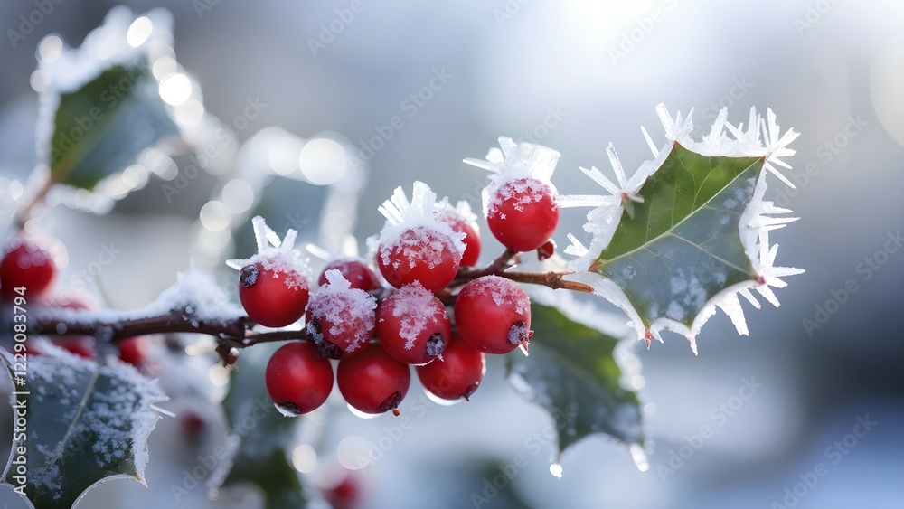 Frosty holly branch with vibrant red berries covered in delicate ice crystals, symbol for upcoming winter, AI generated Frosty holly branch with vibrant red berries covered in delicate ice crystals, symbol for upcoming winter, AI generated