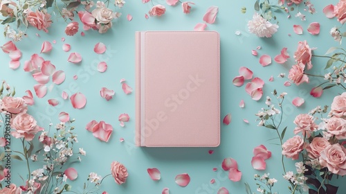 A pink journal surrounded by scattered flower petals on a light blue background, creating a serene and aesthetic atmosphere.