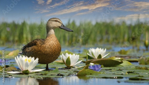 KI generated, animal, animals, bird, birds, biotope, habitat, a, individual, swims, water, reeds, water lilies, blue sky, foraging, wildlife, summer, seasons, northern shoveler (Spatula clypeata), female photo