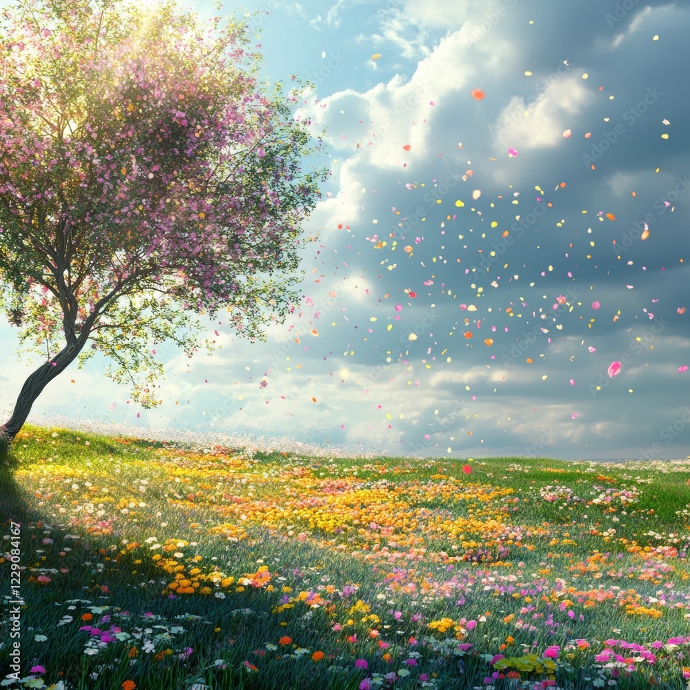 Fototapeta premium Flower petals dance on the wind in this breathtaking spring landscape. A vibrant meadow, blooming flowers, and a majestic tree create a scene of pure natural beauty.