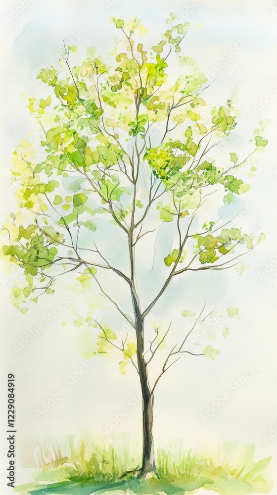 Watercolor Painting of a Tree in Spring: Nature, Leaves, and Green Scenery Watercolor Painting of a Tree in Spring: Nature, Leaves, and Green Scenery