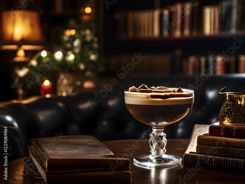 Espresso martini beckoning from a softly lit cozy cafe bar, AI generated photo