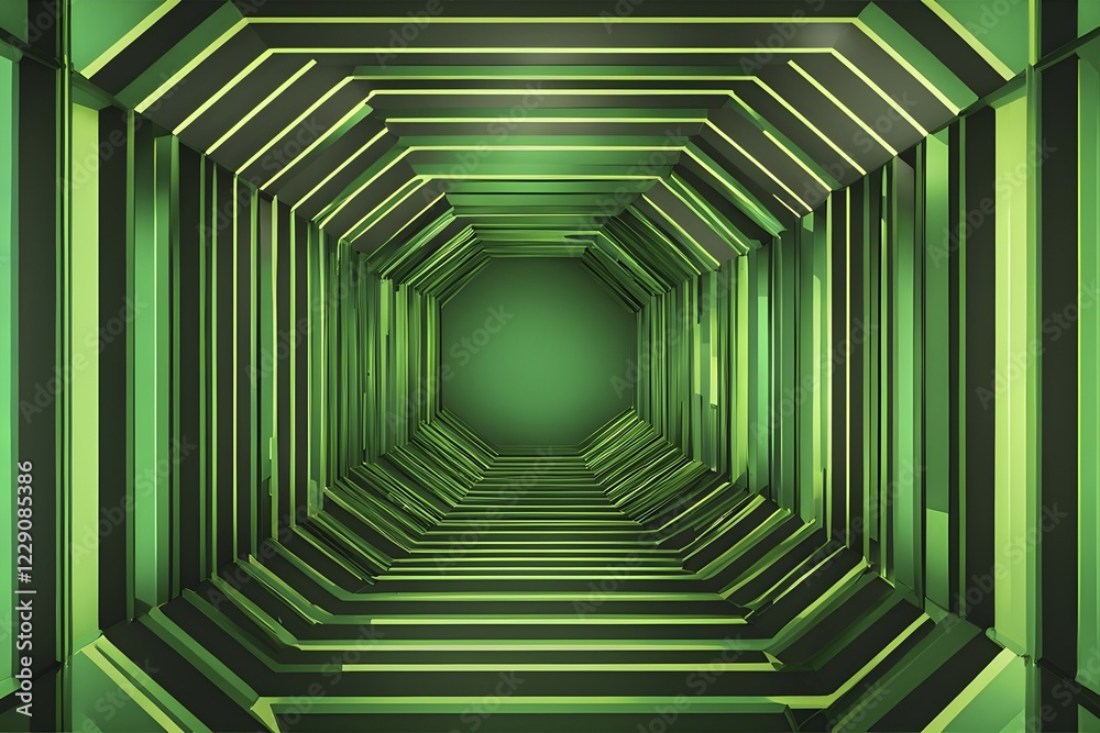 Fototapeta premium Abstract geometric pattern tunnel structure embodying data streams and communication in green hues, AI generated