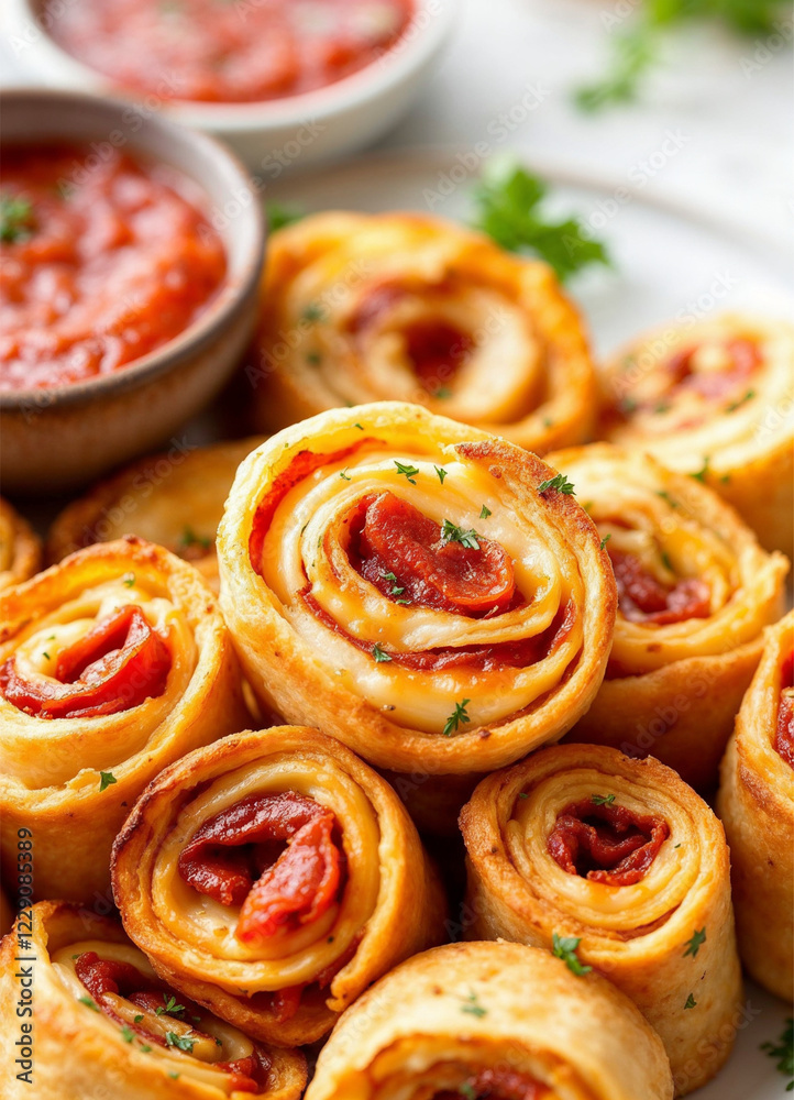 Golden-Brown Pizza Bites Filled with Pepperoni and Melted Cheese, Served with Marinara Golden-Brown Pizza Bites Filled with Pepperoni and Melted Cheese, Served with Marinara