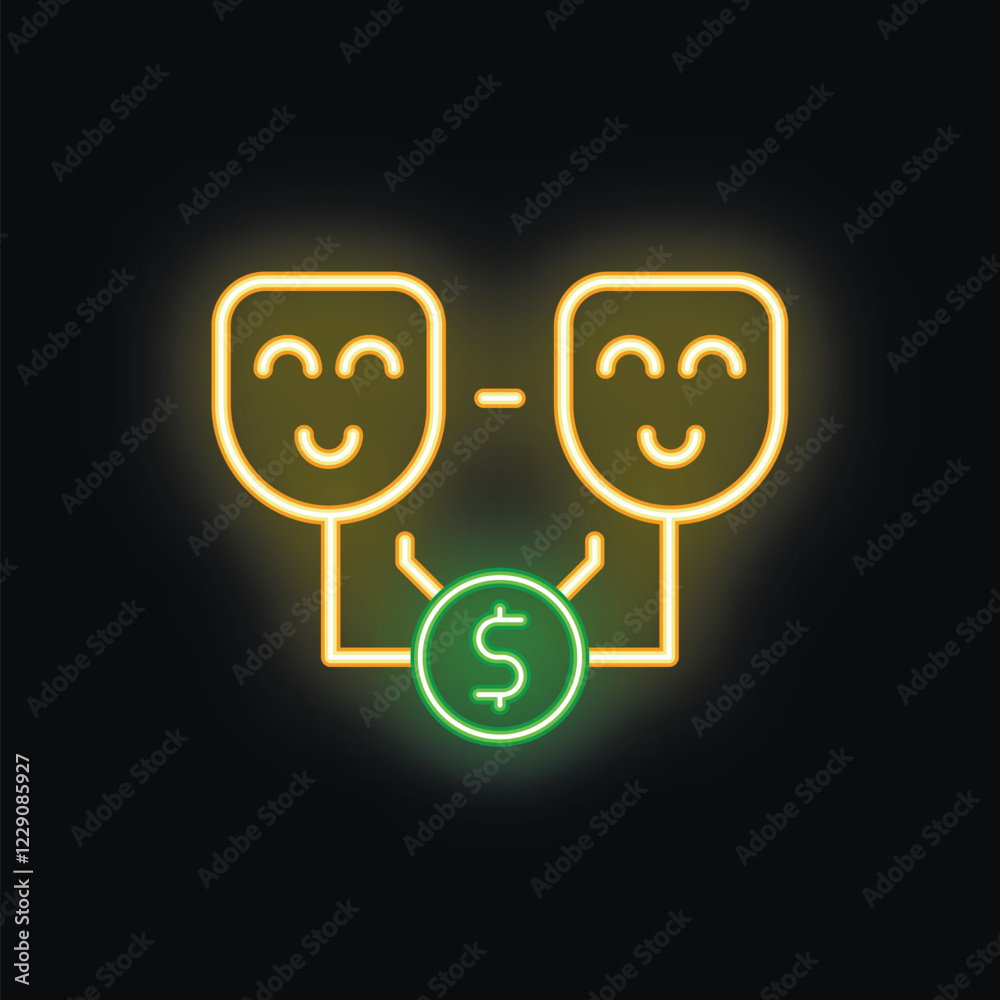 This neon icon represents the concept of sharing money with a positive attitude This neon icon represents the concept of sharing money with a positive attitude